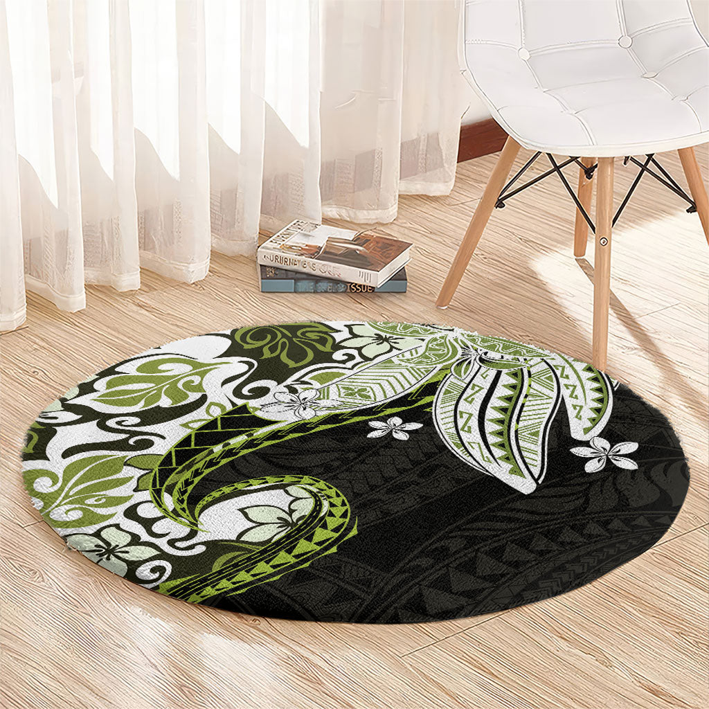 Monstera Plumeria Flowers Olive Green Round Carpet Polynesian Pattern