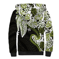 Monstera Plumeria Flowers Olive Green Sherpa Hoodie Polynesian Pattern