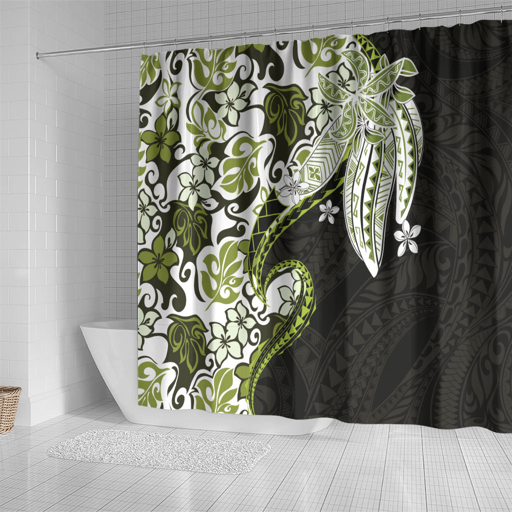 Monstera Plumeria Flowers Olive Green Shower Curtain Polynesian Pattern