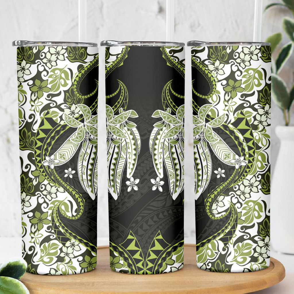 Monstera Plumeria Flowers Olive Green Skinny Tumbler Polynesian Pattern