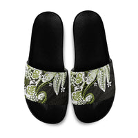 Monstera Plumeria Flowers Olive Green Slide Sandals Polynesian Pattern