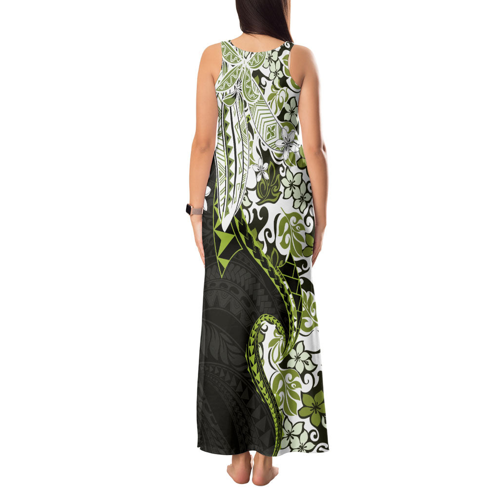 Monstera Plumeria Flowers Olive Green Tank Maxi Dress Polynesian Pattern
