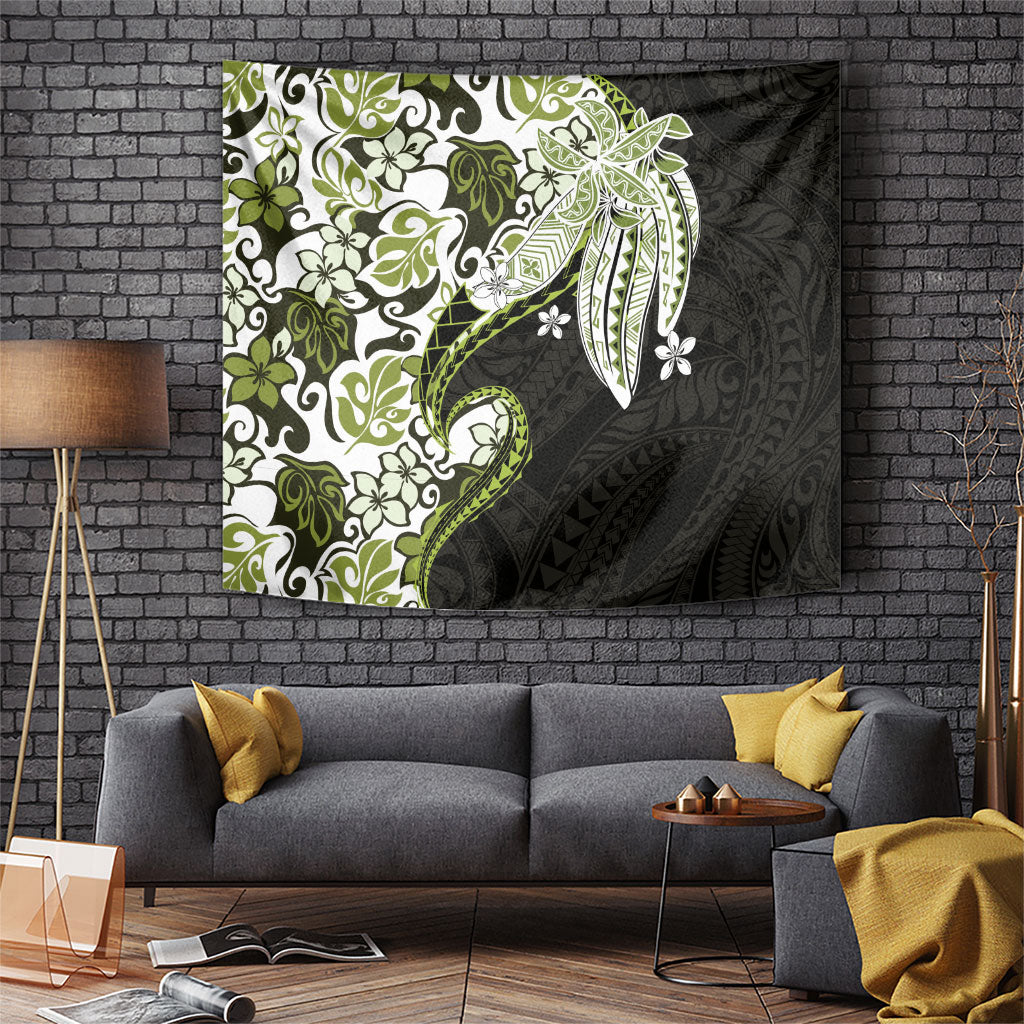 Monstera Plumeria Flowers Olive Green Tapestry Polynesian Pattern
