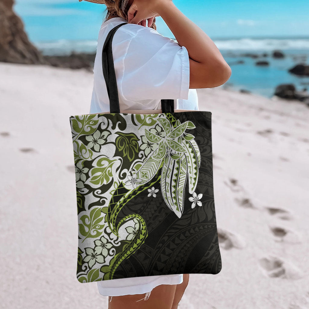 Monstera Plumeria Flowers Olive Green Tote Bag Polynesian Pattern