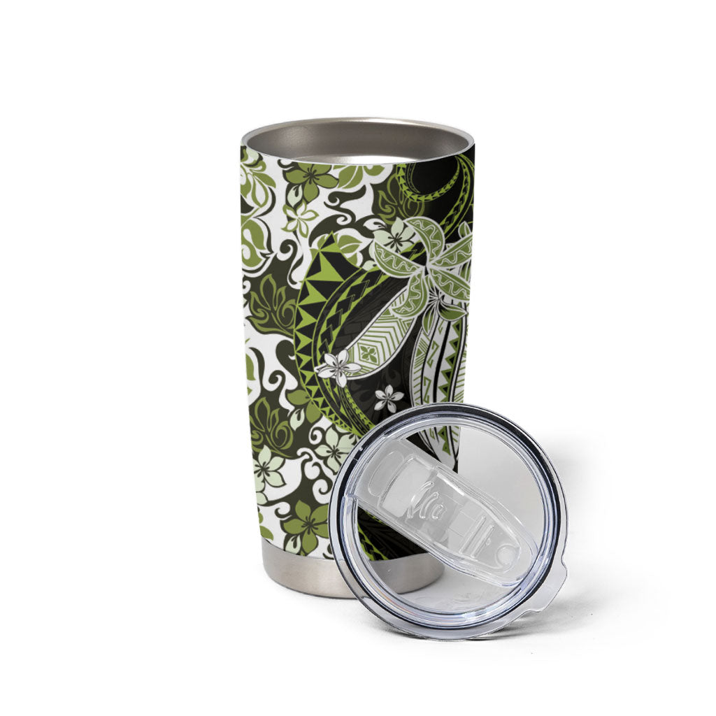 Monstera Plumeria Flowers Olive Green Tumbler Cup Polynesian Pattern