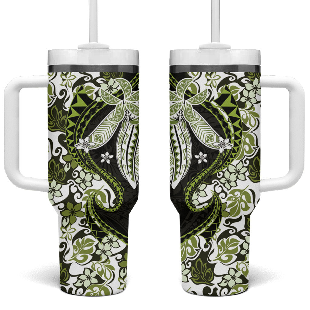 Monstera Plumeria Flowers Olive Green Tumbler With Handle Polynesian Pattern