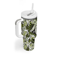Monstera Plumeria Flowers Olive Green Tumbler With Handle Polynesian Pattern