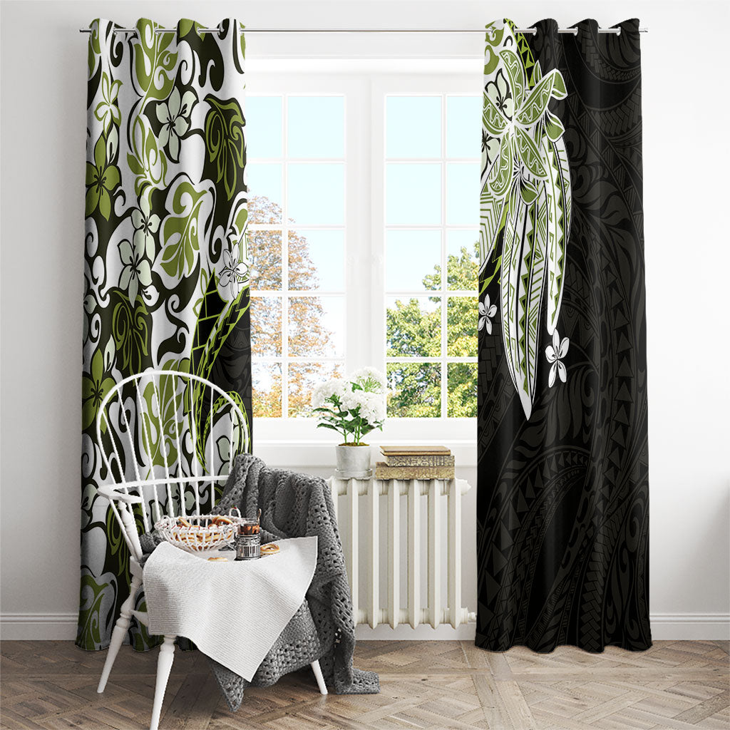 Monstera Plumeria Flowers Olive Green Window Curtain Polynesian Pattern