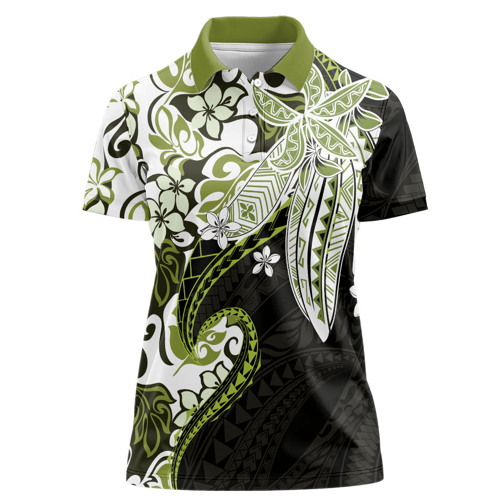 Monstera Plumeria Flowers Olive Green Women Polo Shirt Polynesian Pattern