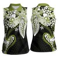 Monstera Plumeria Flowers Olive Green Women Sleeveless Polo Shirt Polynesian Pattern