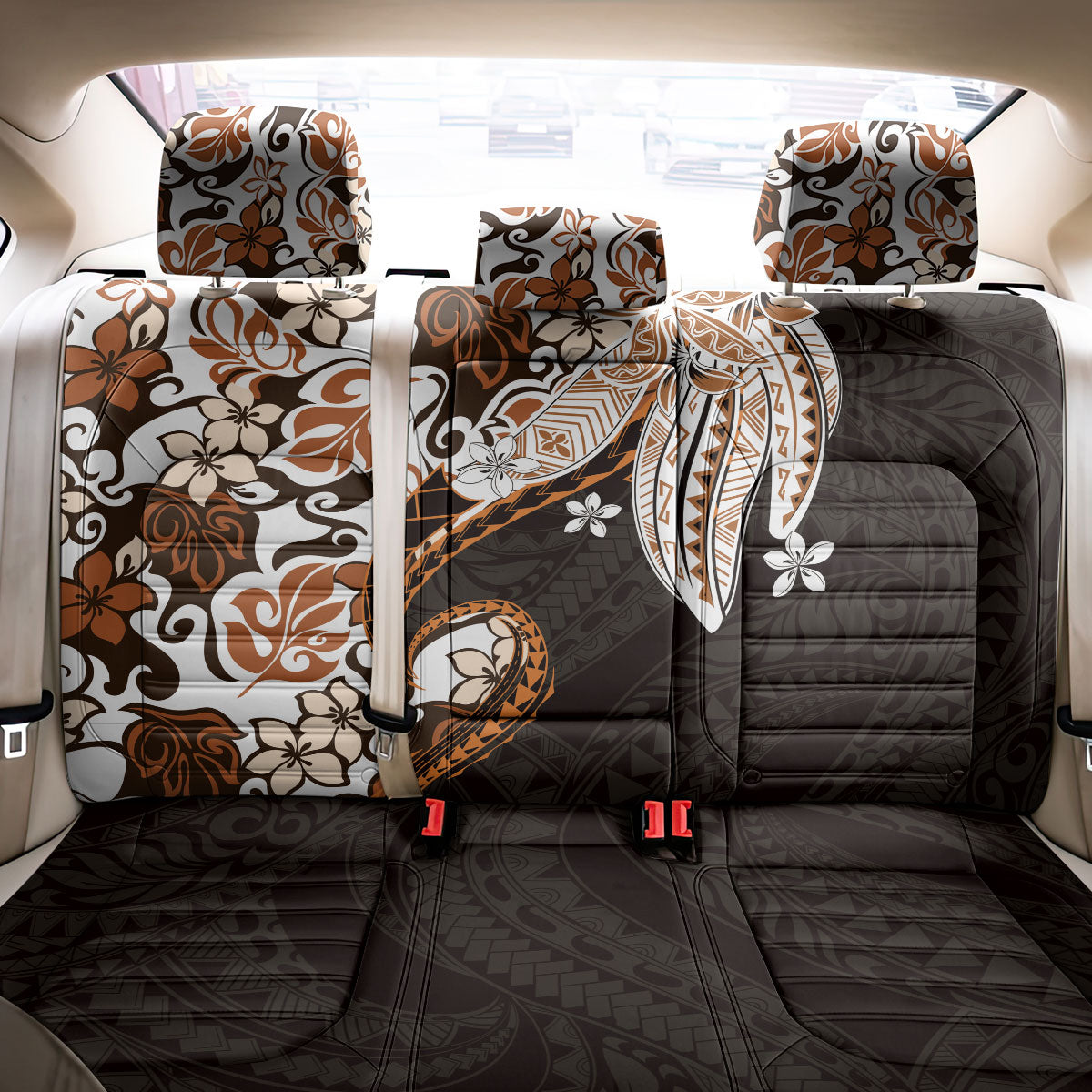 Monstera Plumeria Flowers Orange Back Car Seat Cover Polynesian Pattern