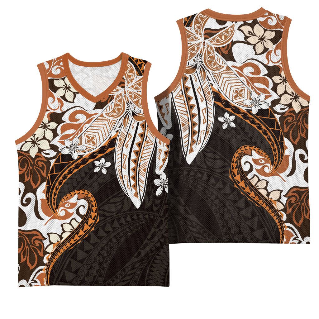 Monstera Plumeria Flowers Orange Basketball Jersey Polynesian Pattern