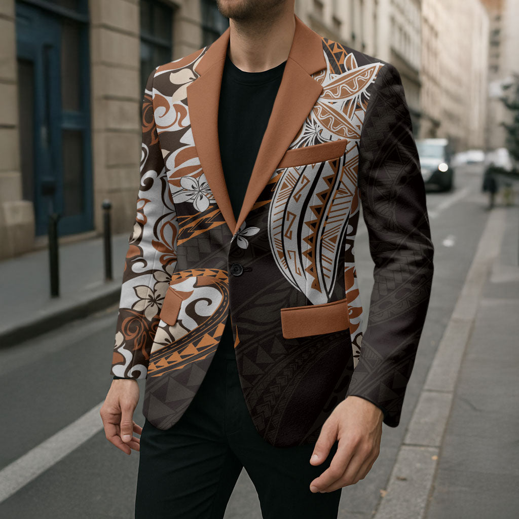 Monstera Plumeria Flowers Orange Blazer Polynesian Pattern