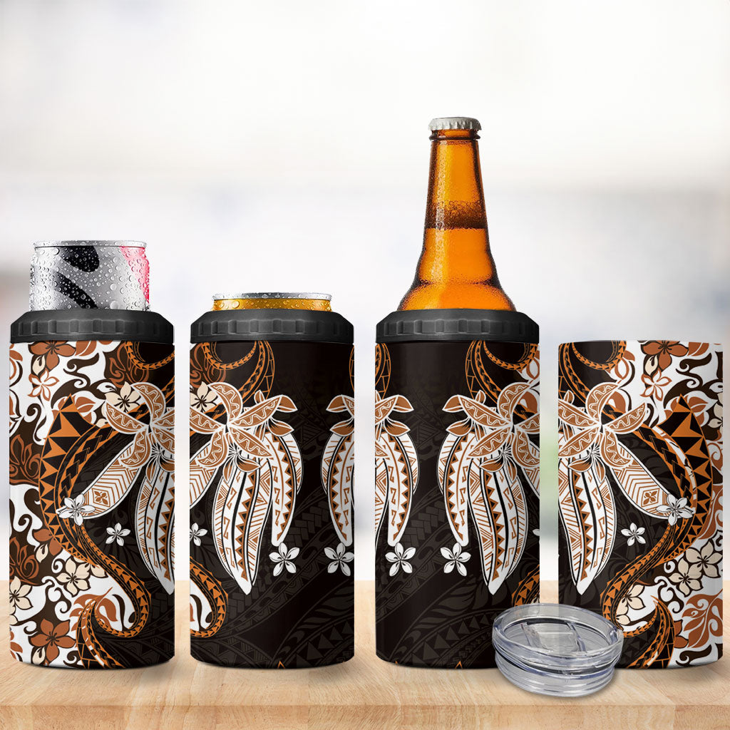Monstera Plumeria Flowers Orange 4 in 1 Can Cooler Tumbler Polynesian Pattern