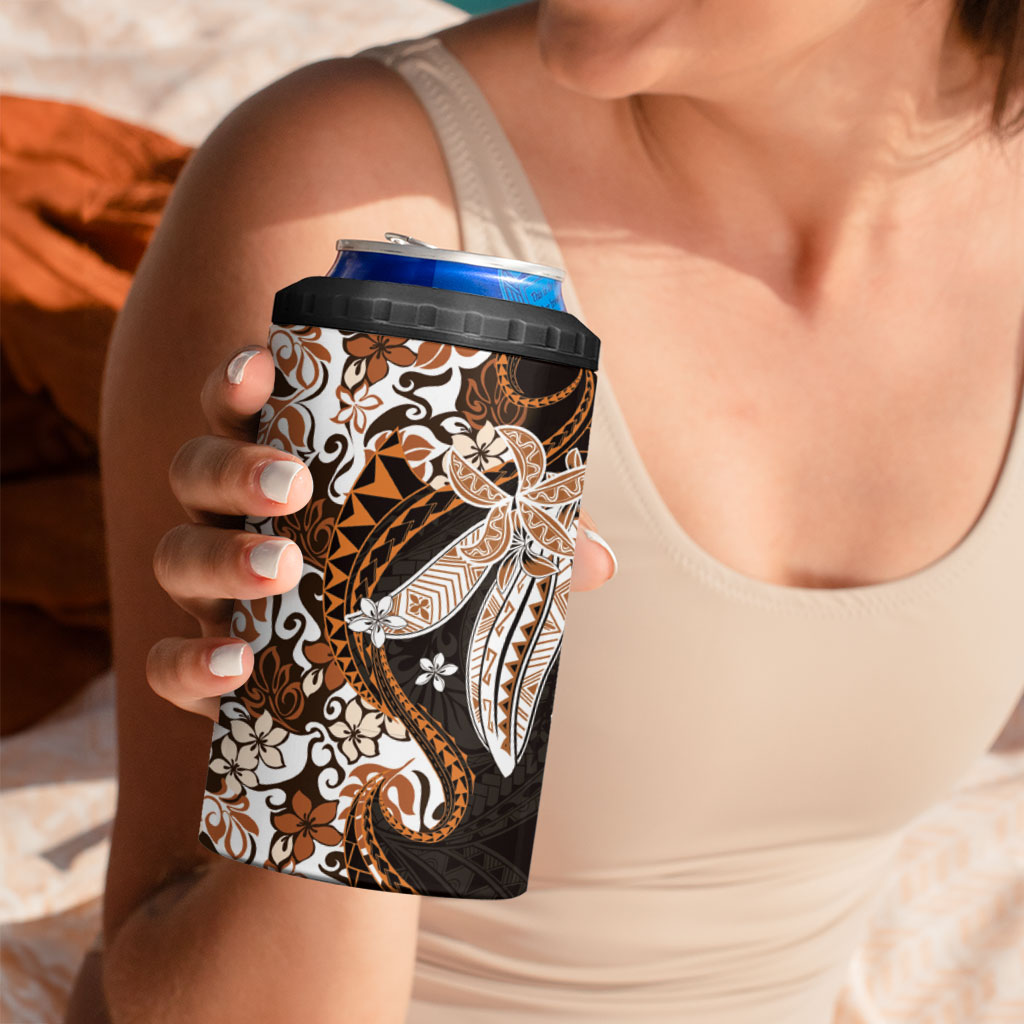 Monstera Plumeria Flowers Orange 4 in 1 Can Cooler Tumbler Polynesian Pattern