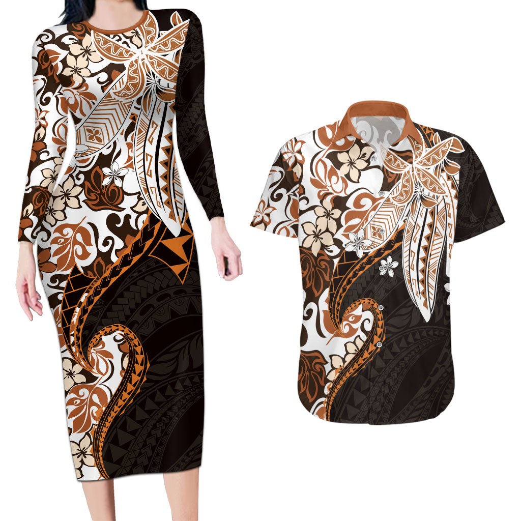 Monstera Plumeria Flowers Orange Couples Matching Long Sleeve Bodycon Dress and Hawaiian Shirt Polynesian Pattern LT01 Orange - Polynesian Pride