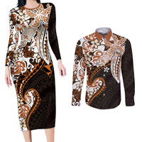 Monstera Plumeria Flowers Orange Couples Matching Long Sleeve Bodycon Dress and Long Sleeve Button Shirt Polynesian Pattern