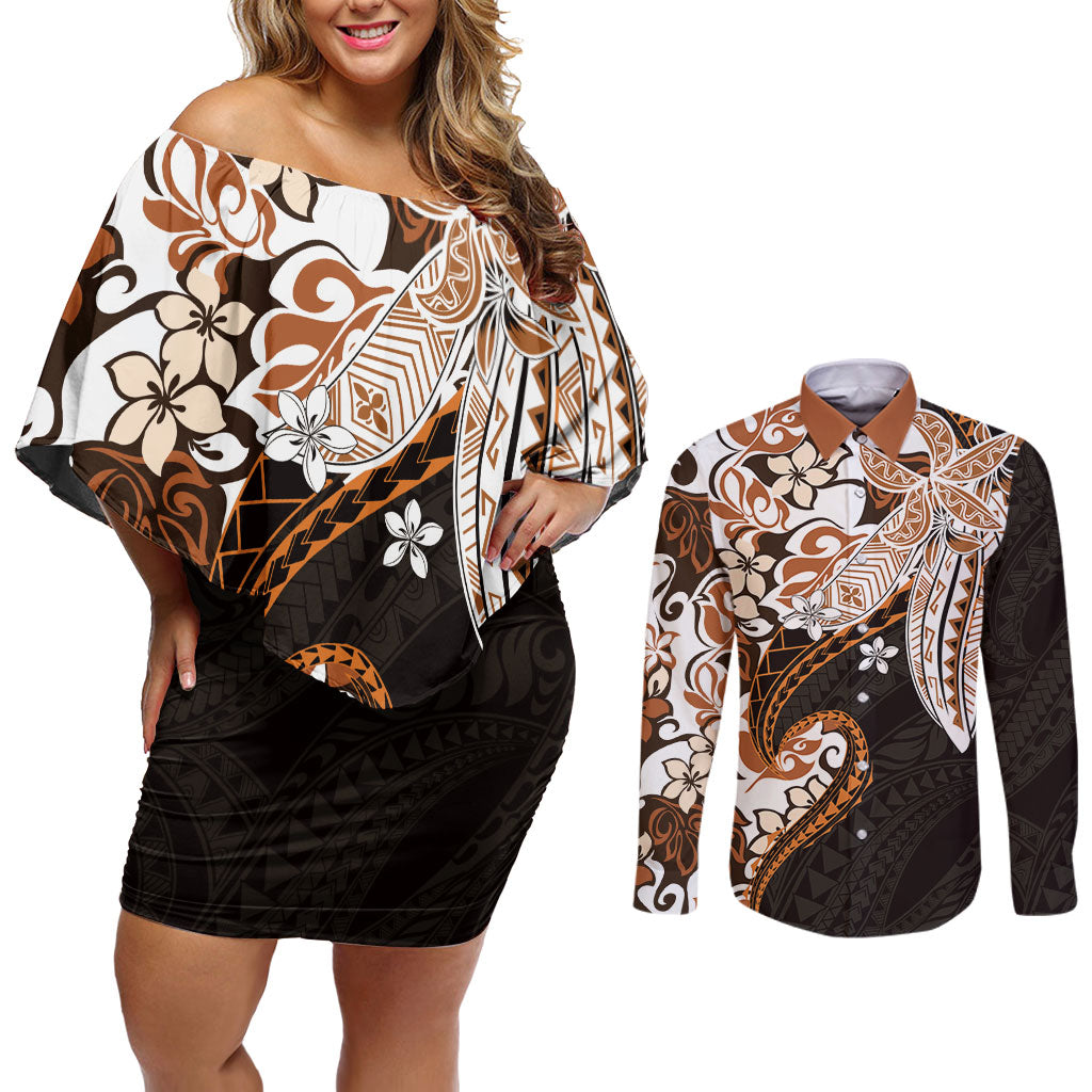 Monstera Plumeria Flowers Orange Couples Matching Off Shoulder Short Dress and Long Sleeve Button Shirt Polynesian Pattern LT01 Orange - Polynesian Pride