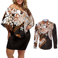 Monstera Plumeria Flowers Orange Couples Matching Off Shoulder Short Dress and Long Sleeve Button Shirt Polynesian Pattern LT01 Orange - Polynesian Pride