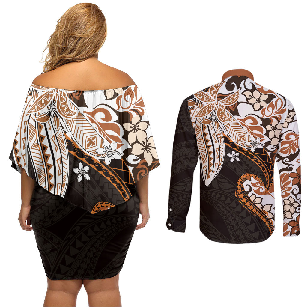Monstera Plumeria Flowers Orange Couples Matching Off Shoulder Short Dress and Long Sleeve Button Shirt Polynesian Pattern LT01 - Polynesian Pride