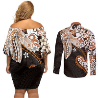 Monstera Plumeria Flowers Orange Couples Matching Off Shoulder Short Dress and Long Sleeve Button Shirt Polynesian Pattern LT01 - Polynesian Pride