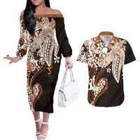Monstera Plumeria Flowers Orange Couples Matching Off The Shoulder Long Sleeve Dress and Hawaiian Shirt Polynesian Pattern LT01 Orange - Polynesian Pride