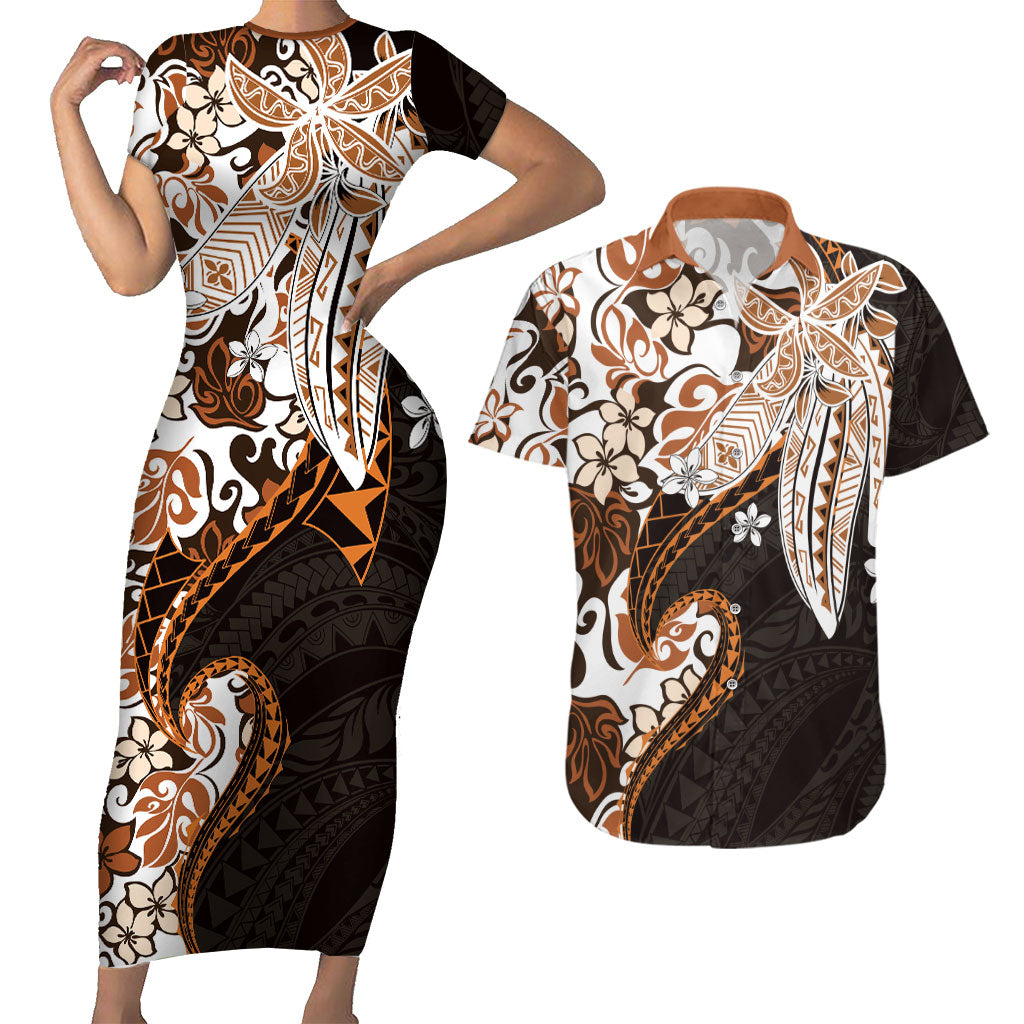 Monstera Plumeria Flowers Orange Couples Matching Short Sleeve Bodycon Dress and Hawaiian Shirt Polynesian Pattern LT01 Orange - Polynesian Pride