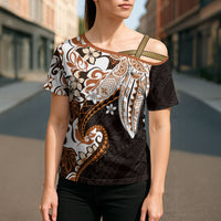 Monstera Plumeria Flowers Orange Cross Shoulder Shirt Polynesian Pattern