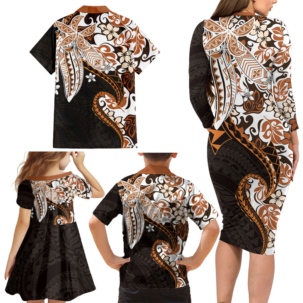 Monstera Plumeria Flowers Orange Family Matching Long Sleeve Bodycon Dress and Hawaiian Shirt Polynesian Pattern LT01 - Polynesian Pride