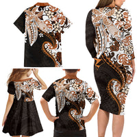 Monstera Plumeria Flowers Orange Family Matching Long Sleeve Bodycon Dress and Hawaiian Shirt Polynesian Pattern LT01 - Polynesian Pride