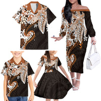 Monstera Plumeria Flowers Orange Family Matching Off The Shoulder Long Sleeve Dress and Hawaiian Shirt Polynesian Pattern LT01 - Polynesian Pride