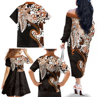 Monstera Plumeria Flowers Orange Family Matching Off The Shoulder Long Sleeve Dress and Hawaiian Shirt Polynesian Pattern LT01 - Polynesian Pride