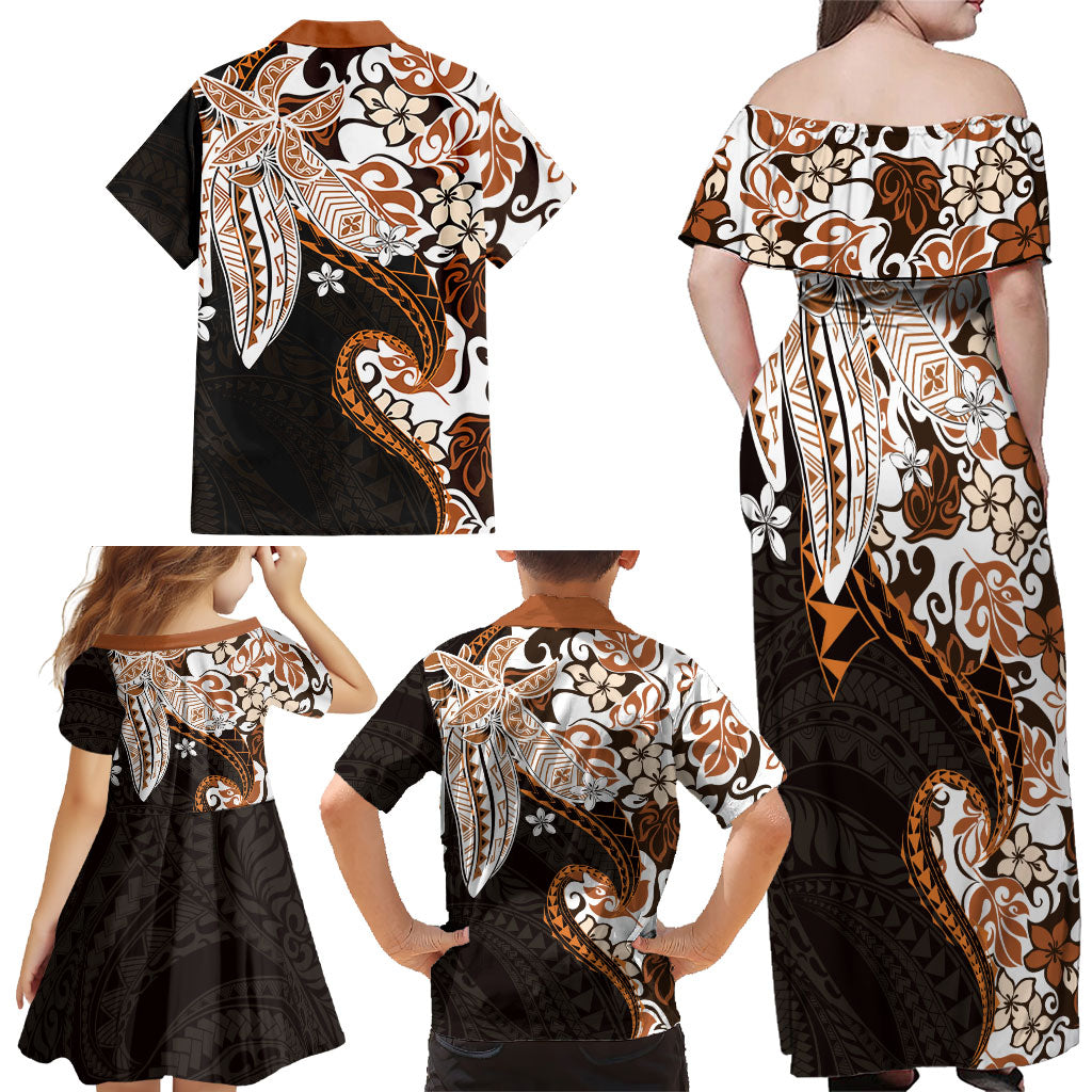 Monstera Plumeria Flowers Orange Family Matching Off Shoulder Maxi Dress and Hawaiian Shirt Polynesian Pattern LT01 - Polynesian Pride