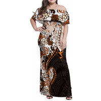 Monstera Plumeria Flowers Orange Family Matching Off Shoulder Maxi Dress and Hawaiian Shirt Polynesian Pattern LT01 Mom's Dress Orange - Polynesian Pride