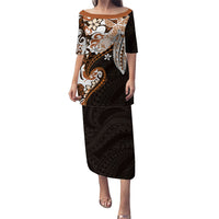 Monstera Plumeria Flowers Orange Family Matching Puletasi and Hawaiian Shirt Polynesian Pattern LT01 Mom's Dress Orange - Polynesian Pride
