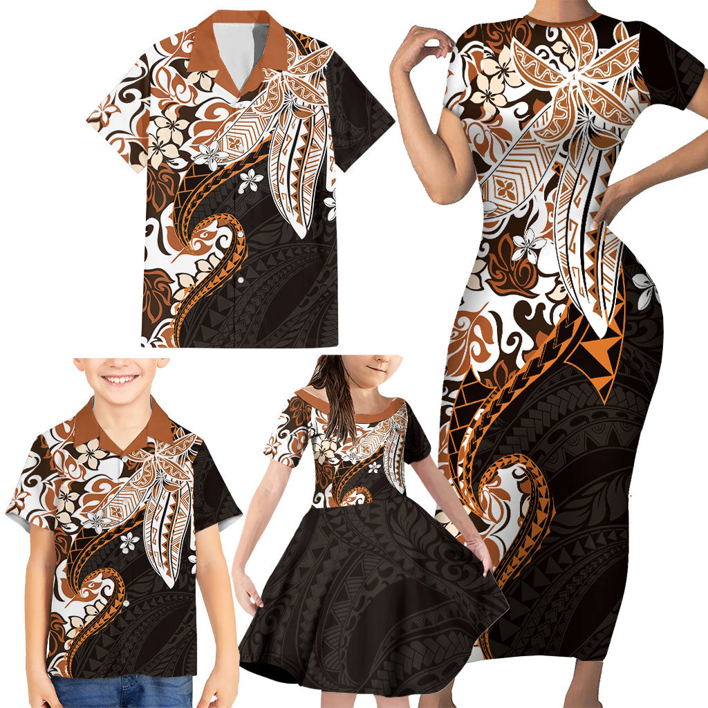 Monstera Plumeria Flowers Orange Family Matching Short Sleeve Bodycon Dress and Hawaiian Shirt Polynesian Pattern