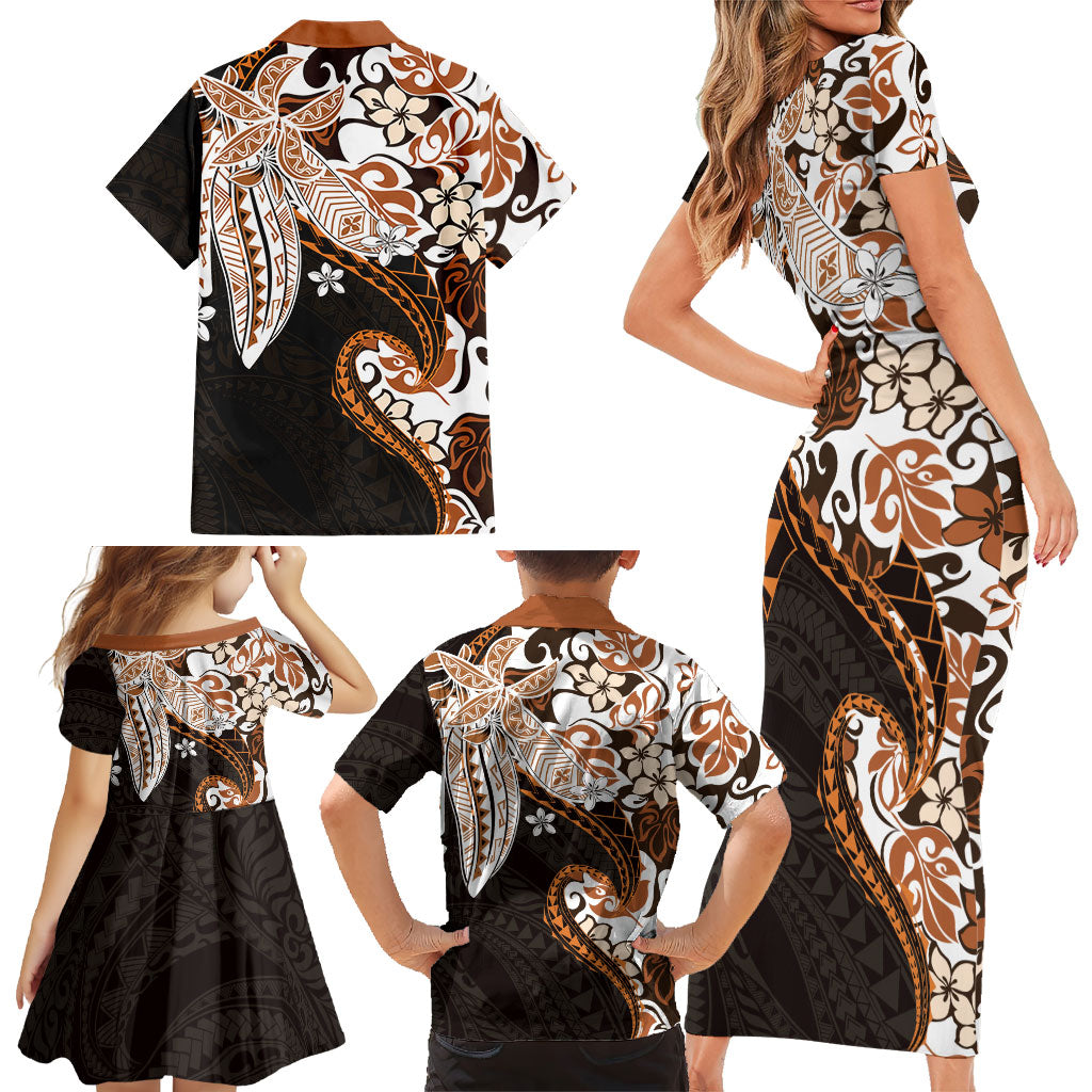 Monstera Plumeria Flowers Orange Family Matching Short Sleeve Bodycon Dress and Hawaiian Shirt Polynesian Pattern LT01 - Polynesian Pride