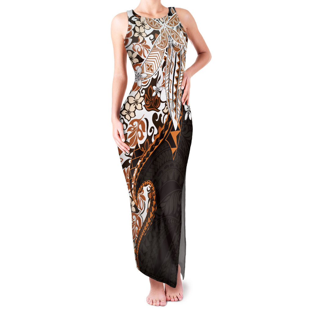 Monstera Plumeria Flowers Orange Family Matching Tank Maxi Dress and Hawaiian Shirt Polynesian Pattern LT01 Mom's Dress Orange - Polynesian Pride