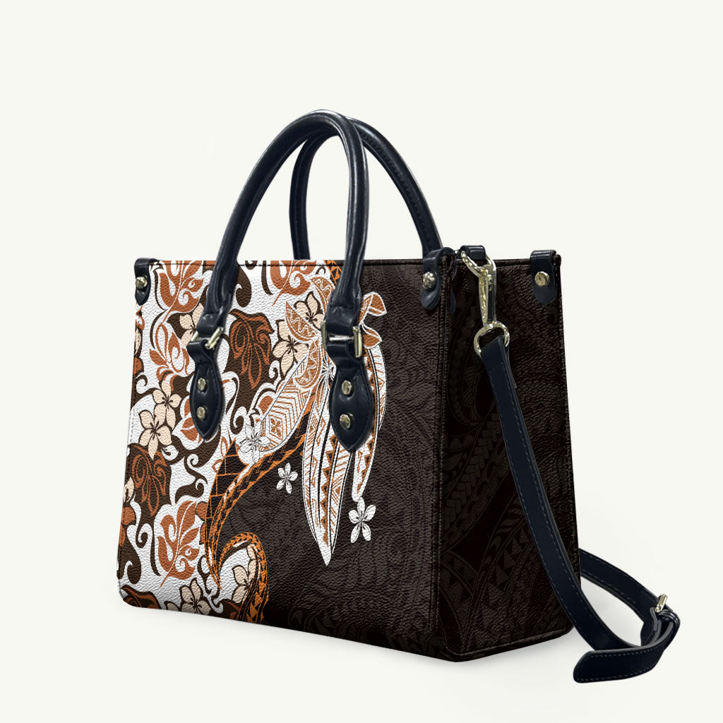 Monstera Plumeria Flowers Orange Leather Bag Polynesian Pattern