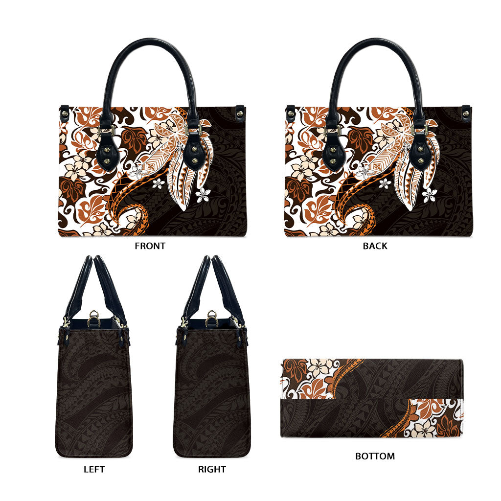 Monstera Plumeria Flowers Orange Leather Bag Polynesian Pattern