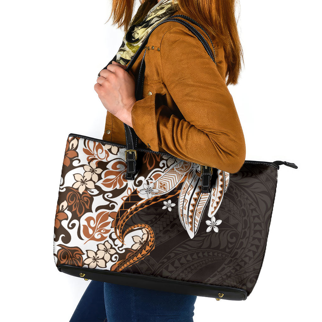 Monstera Plumeria Flowers Orange Leather Tote Bag Polynesian Pattern