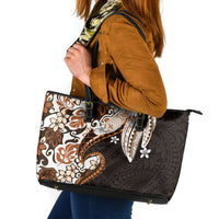 Monstera Plumeria Flowers Orange Leather Tote Bag Polynesian Pattern