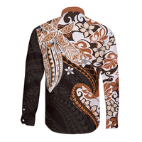 Monstera Plumeria Flowers Orange Long Sleeve Button Shirt Polynesian Pattern