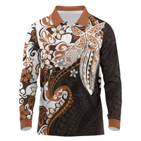 Monstera Plumeria Flowers Orange Long Sleeve Polo Shirt Polynesian Pattern