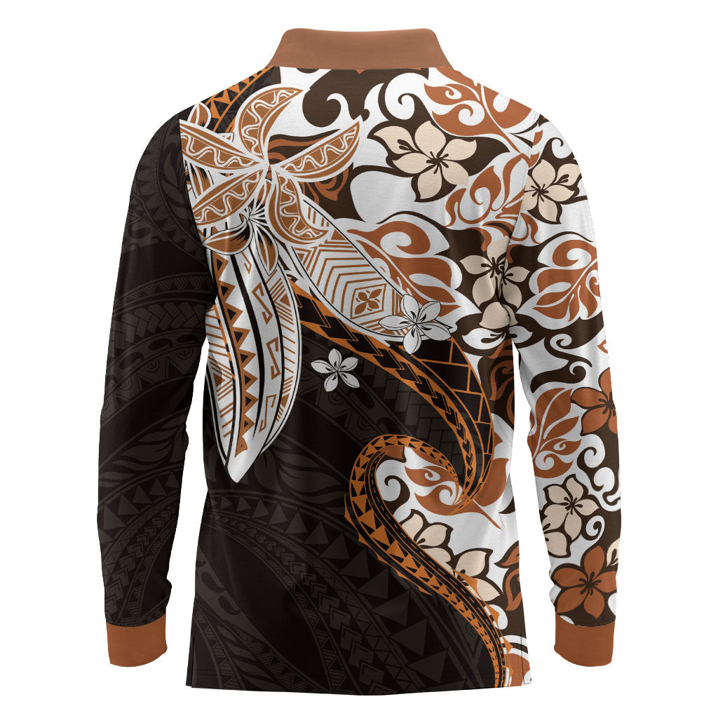 Monstera Plumeria Flowers Orange Long Sleeve Polo Shirt Polynesian Pattern