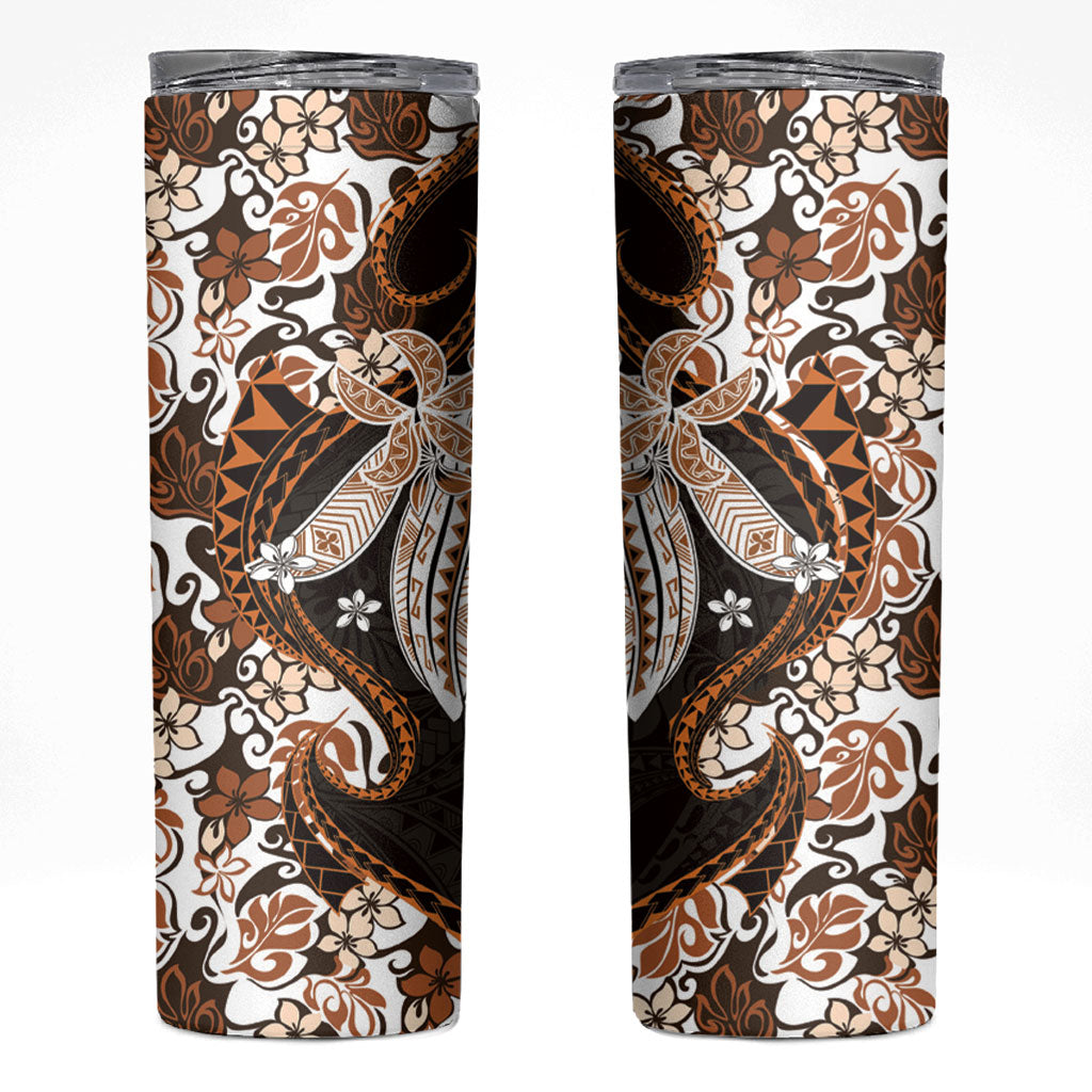 Monstera Plumeria Flowers Orange Skinny Tumbler Polynesian Pattern
