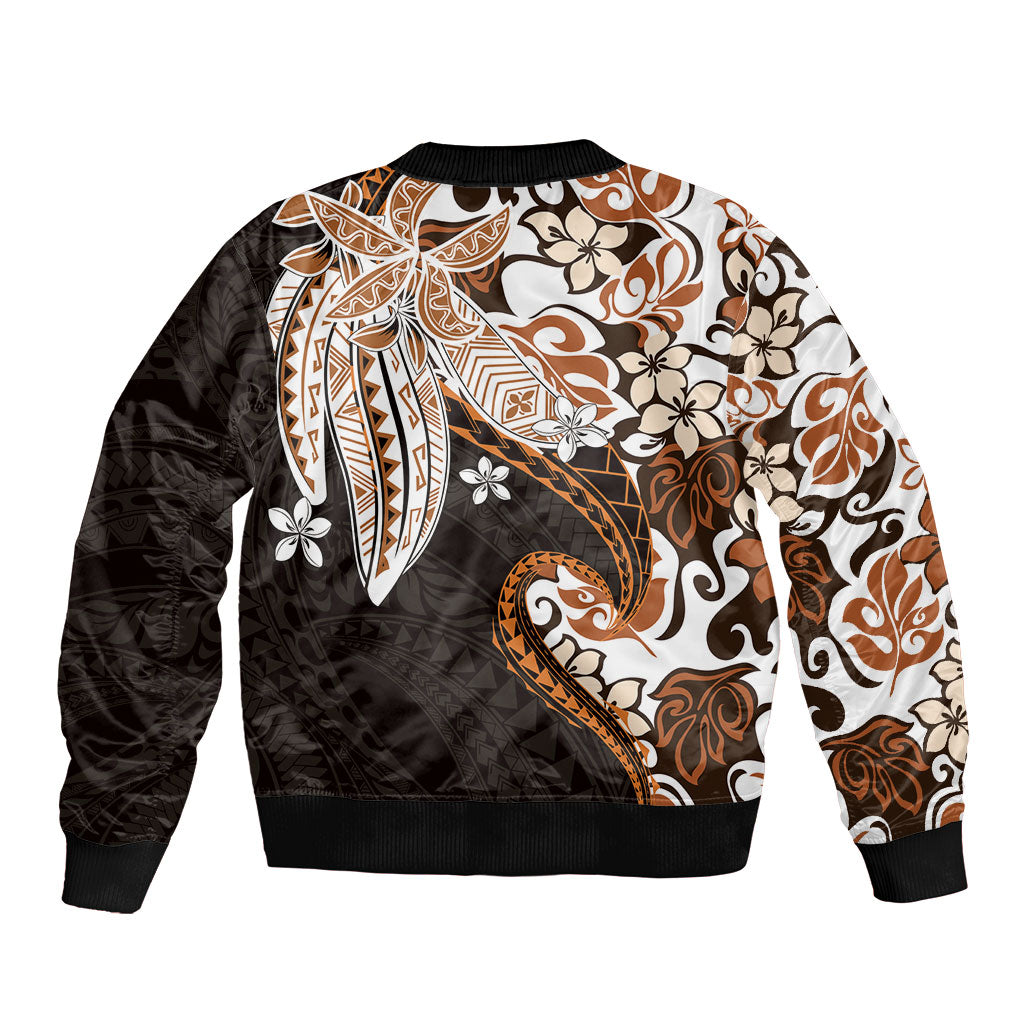 Monstera Plumeria Flowers Orange Sleeve Zip Bomber Jacket Polynesian Pattern
