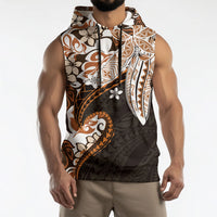 Monstera Plumeria Flowers Orange Sleeveless Hoodie Polynesian Pattern