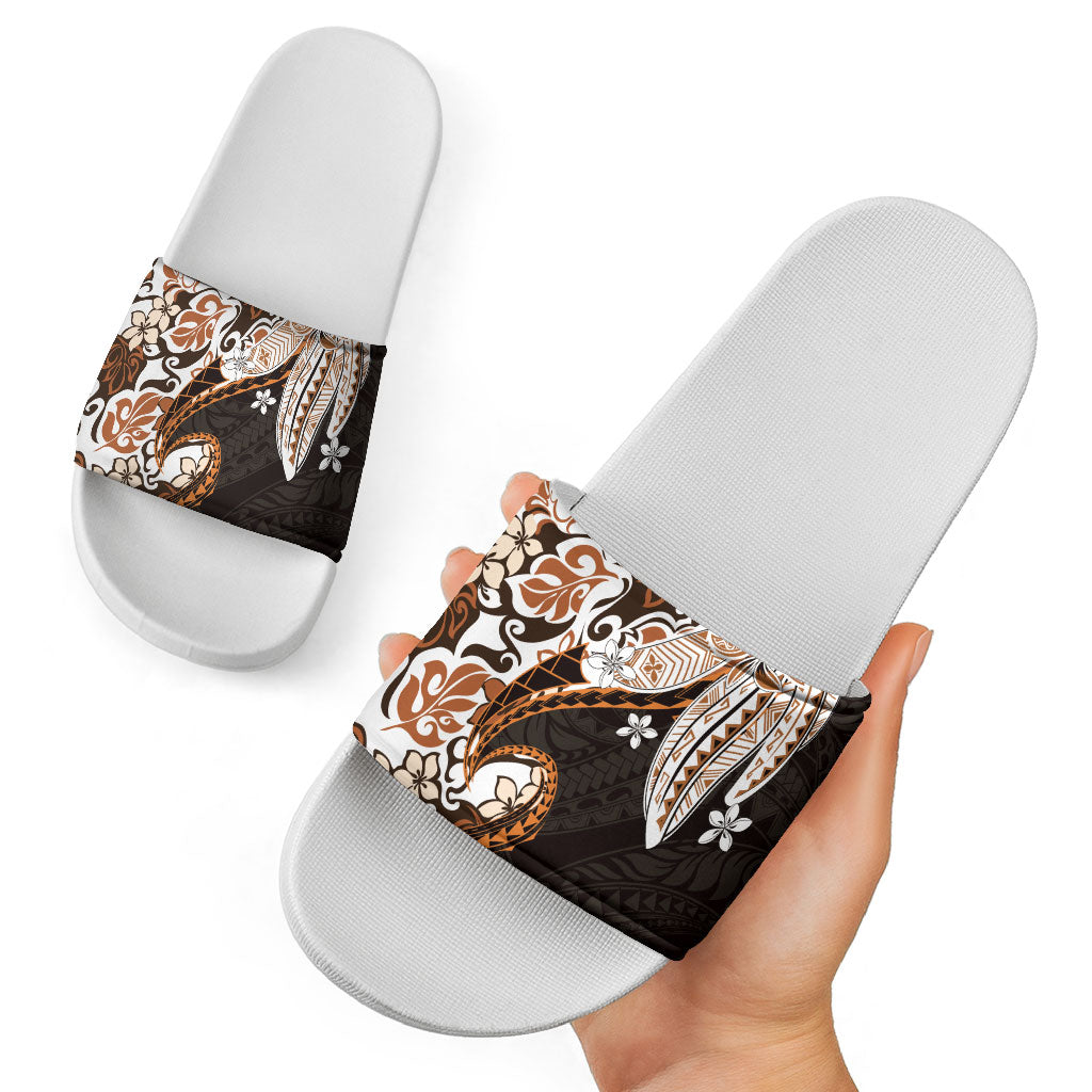 Monstera Plumeria Flowers Orange Slide Sandals Polynesian Pattern