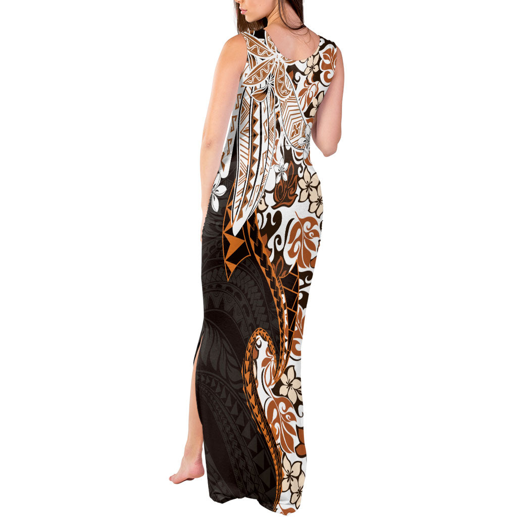 Monstera Plumeria Flowers Orange Tank Maxi Dress Polynesian Pattern